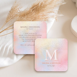 Holographic Blush Pink Modern Monogram Elegant Square Business Card