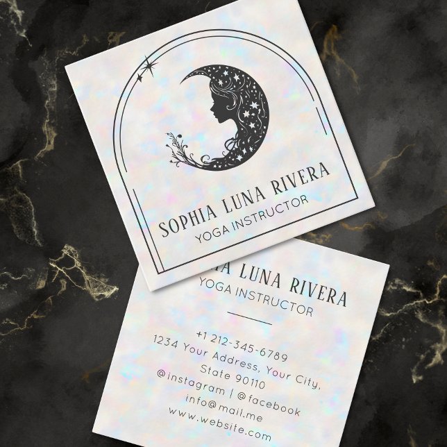 Holographic Boho Arch Celestial Crescent Moon Yoga Square Business Card (Holographic Boho Arch Celestial Crescent Moon Yoga Square Business Card)