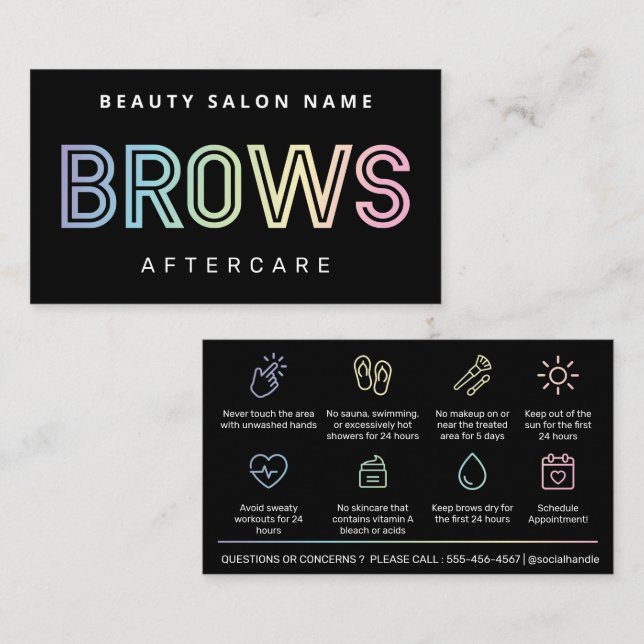 Holographic Brows Aftercare PMU Brow Instructions Business Card (Front/Back)