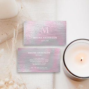 Holographic Brushed Pink Modern Monogram Elegant Business Card