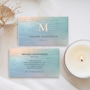 Holographic Brushed Teal Modern Monogram Elegant Business Card