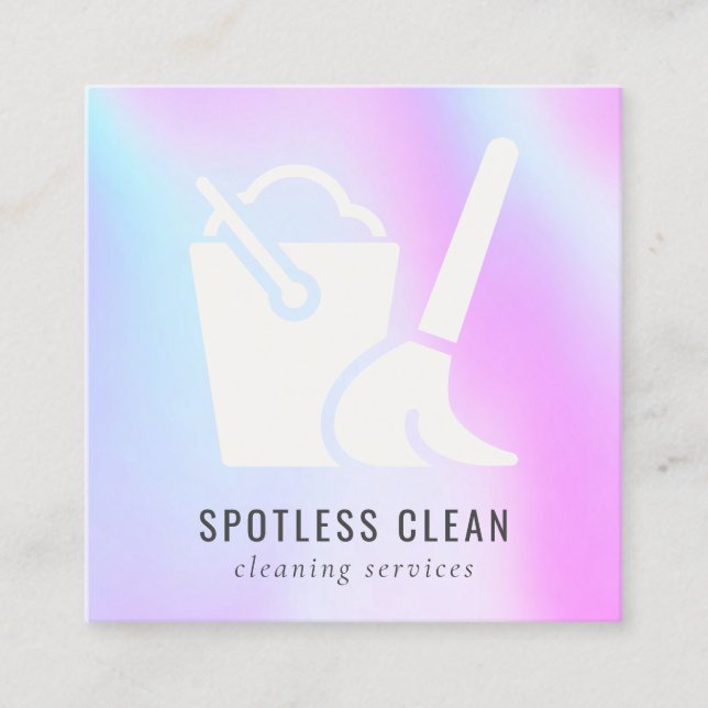 Holographic Bucket Broom Cleaner Cleaning Service Square Business Card (Front)