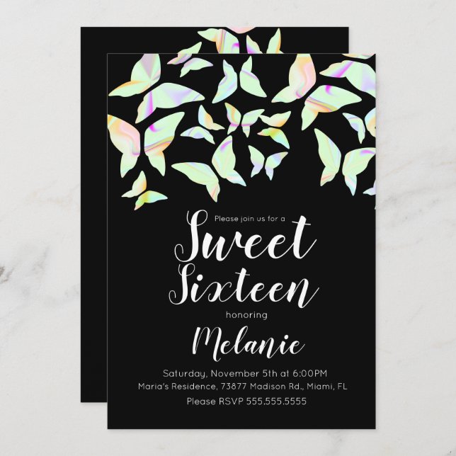 Holographic Butterflies Colourful Sweet Sixteen  Invitation (Front/Back)