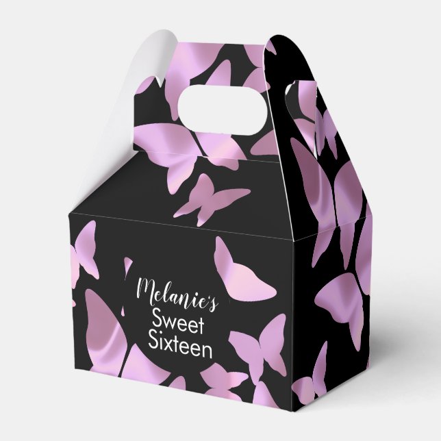 Holographic Butterflies Pink Sweet Sixteen Party   Favour Box (Front Side)