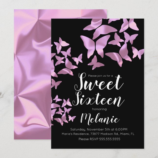 Holographic Butterflies Pink Sweet Sixteen Party Invitation (Front/Back)