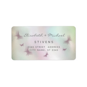 Holographic butterfly script wedding label