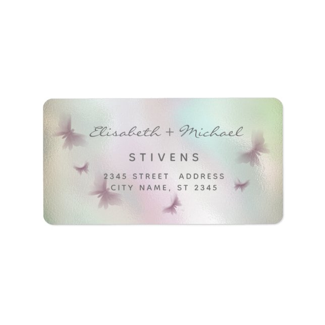 Holographic butterfly script wedding label (Front)