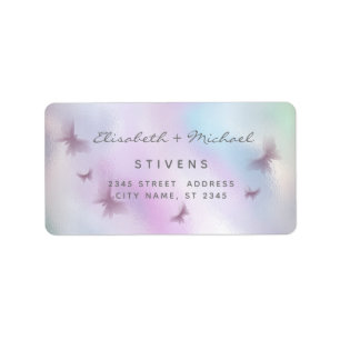 Holographic butterfly script wedding label