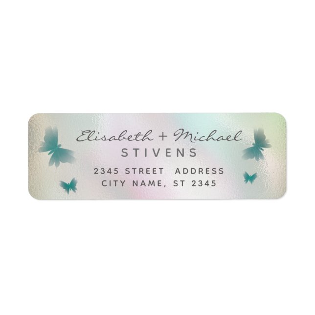 Holographic butterfly script wedding label return address label (Front)