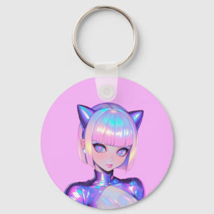 Holographic Catgirl Cyber Pop Portrait Key Ring