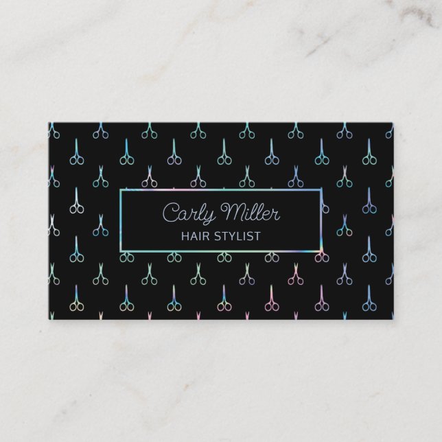 Holographic Chic Scissor Pattern Hair Stylist Business Card (Front)