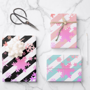 Holographic Christmas Snowflake Pattern Striped  Wrapping Paper Sheet
