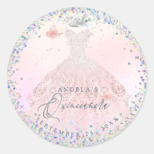 Holographic Confetti Quinceanera Blush Pink Gown Classic Round Sticker