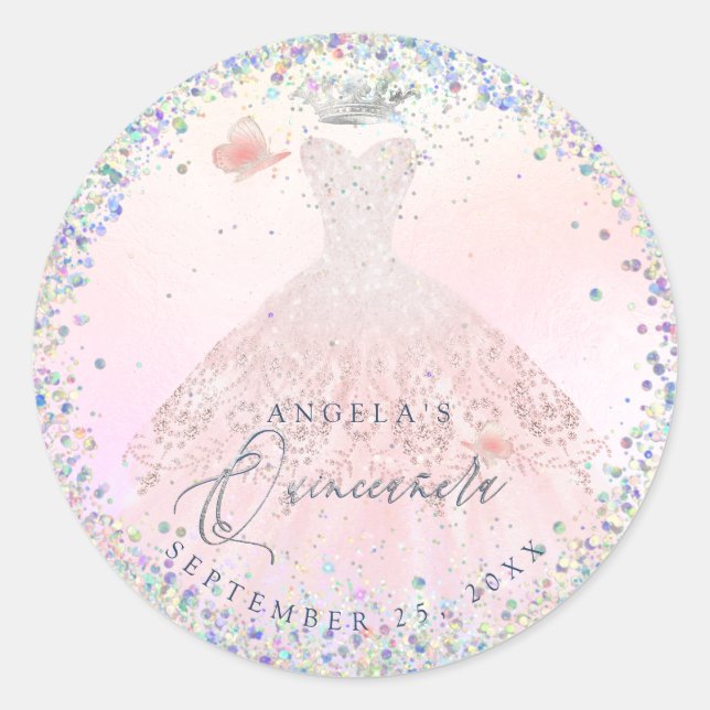 Holographic Confetti Quinceanera Blush Pink Gown  Classic Round Sticker (Front)