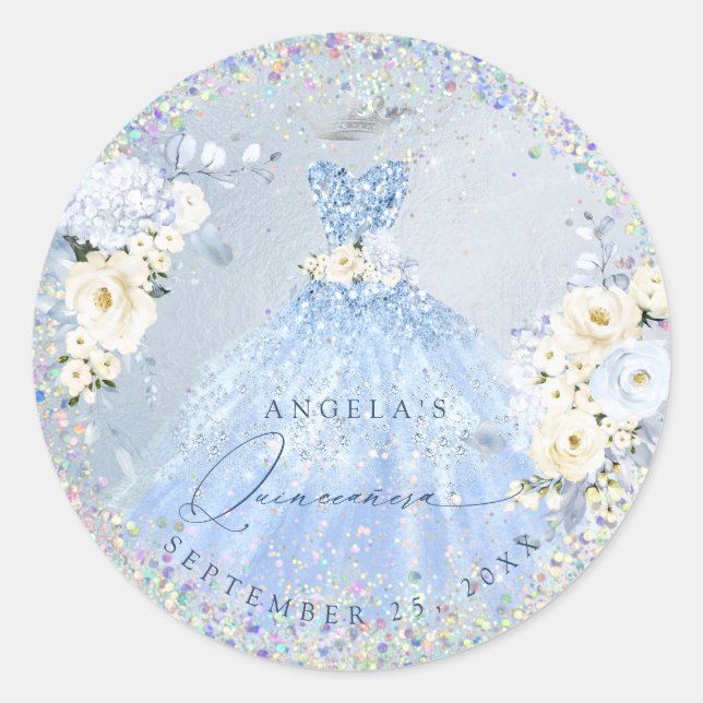 Holographic Confetti Quinceanera Dusty Blue Gown C Classic Round Sticker (Front)