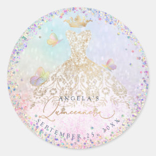 Holographic Confetti Quinceanera White Gold Gown C Classic Round Sticker