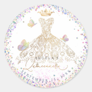 Holographic Confetti Quinceanera White Gold Gown Classic Round Sticker