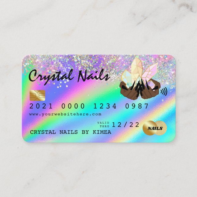 Holographic Crystal Glitter Nail Tech Credit Card (Front)