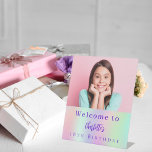 Holographic custom photo 18th birthday welcome pedestal sign<br><div class="desc">A welcome sign for a 18th (or any age) party.  Holographic background in purple,  pink and mint green.  Personalise and add your own high quality photo of the birthday girl. The text: The name in purple with a modern hand lettered style script. Tempates for a name.</div>