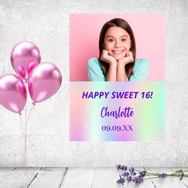 Holographic custom photo Sweet 16 party welcome Poster (Creator Uploaded)
