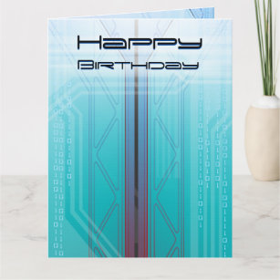 Holographic Cyber Blue Sci-Fi Panel Birthday Card
