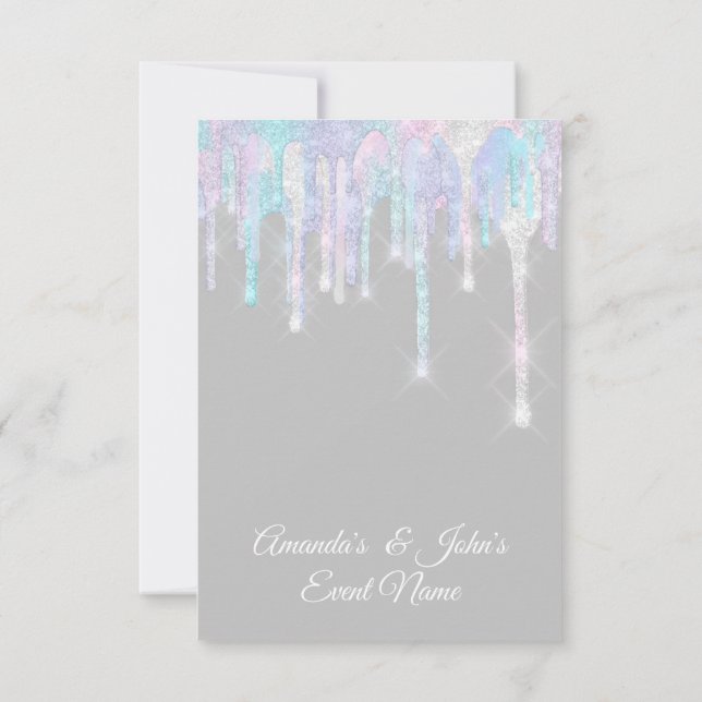 Holographic Drips Unicorn Pink Grey Sweet 16th Invitation (Back)