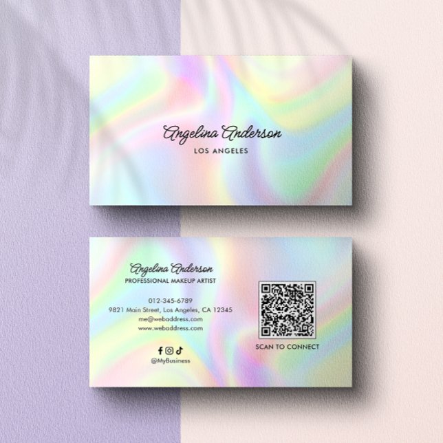 Holographic Elegant Script QR Code Social Media Business Card (Creator Uploaded)