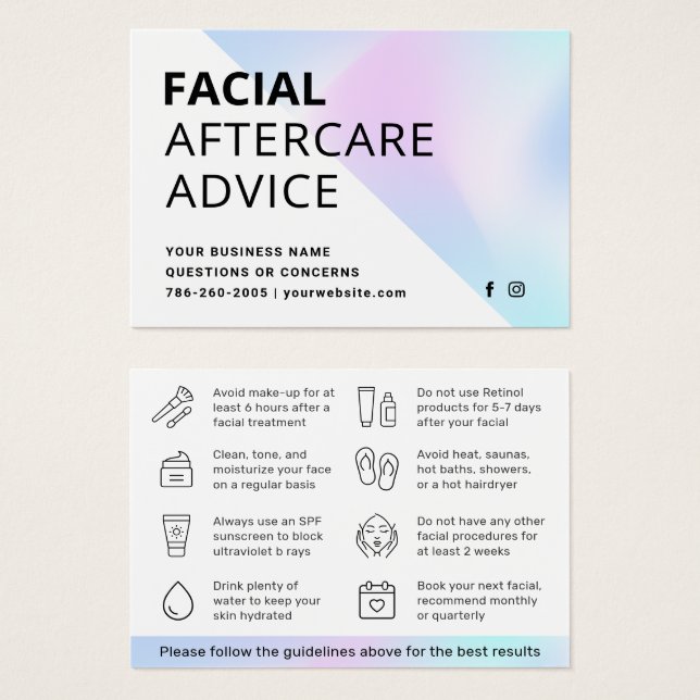 Holographic Facial Aftercare Instruction Card (Front & Back)