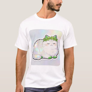 Holographic Fluffy Cat with Green Laurel Wreath T-Shirt