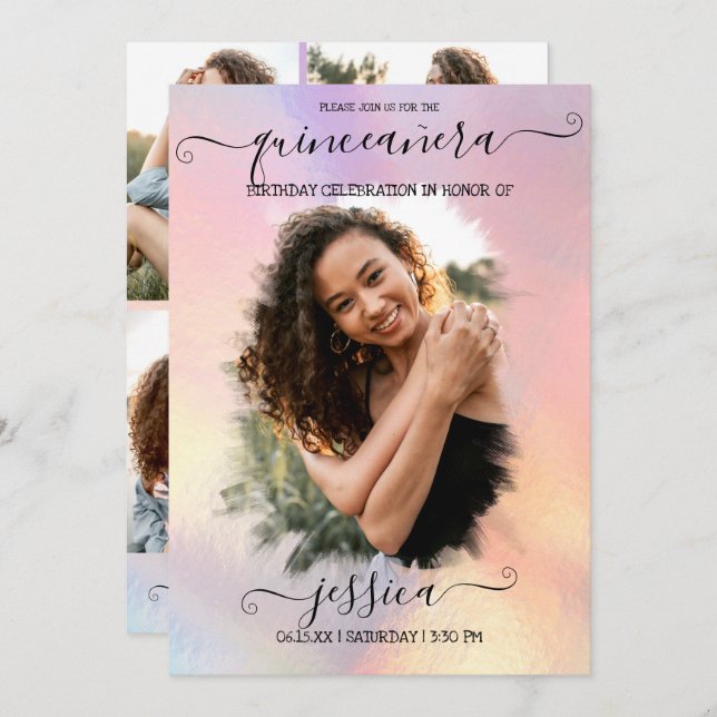 Holographic Foil Halo Photo Collage Quinceañera Invitation (Front/Back)