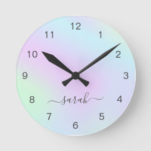 Holographic Girly Modern Elegant Script Name Round Clock