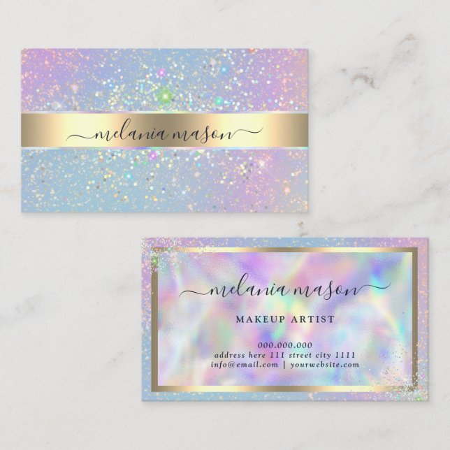 Holographic Glam Glitter Elegant Gold Beauty Business Card (Front/Back)