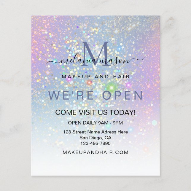 Holographic Glam Glitter Elegant We're Open Blue  Flyer (Front)