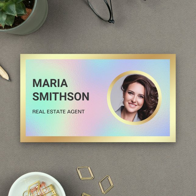 Holographic Glass Gold Photo Real Estate Agent Business Card (Creator Uploaded)
