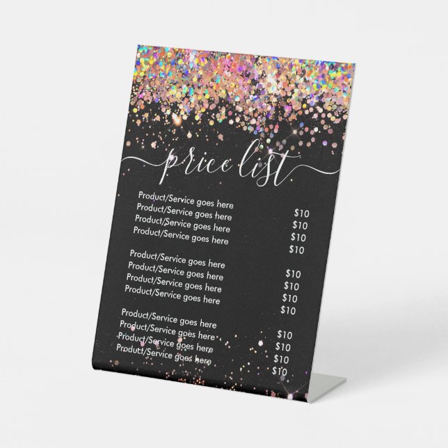 Holographic Glitter Business Price List Black Pedestal Sign (Front)