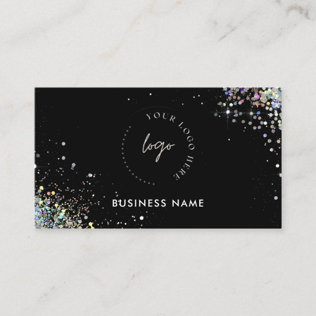 Holographic Glitter Custom QR Code & Logo Black  Business Card (Front)