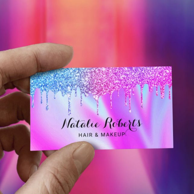 Holographic Glitter Drips Beauty Salon Pink Blue Business Card (Creator Uploaded)