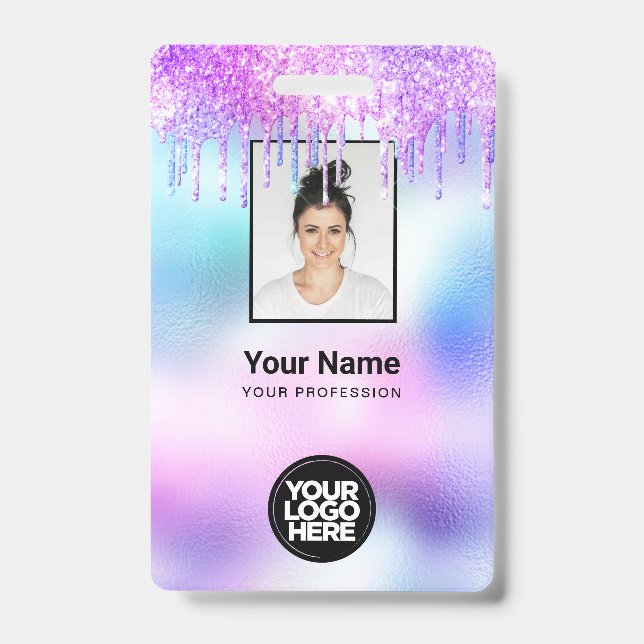 Holographic Glitter Drips Employee Photo Logo Name ID Badge (Front)