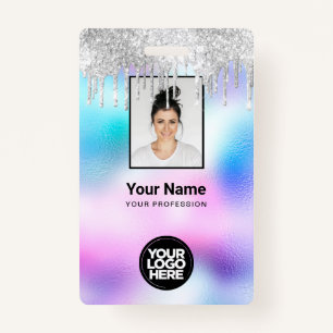 Holographic Glitter Drips Employee Photo Logo Name ID Badge