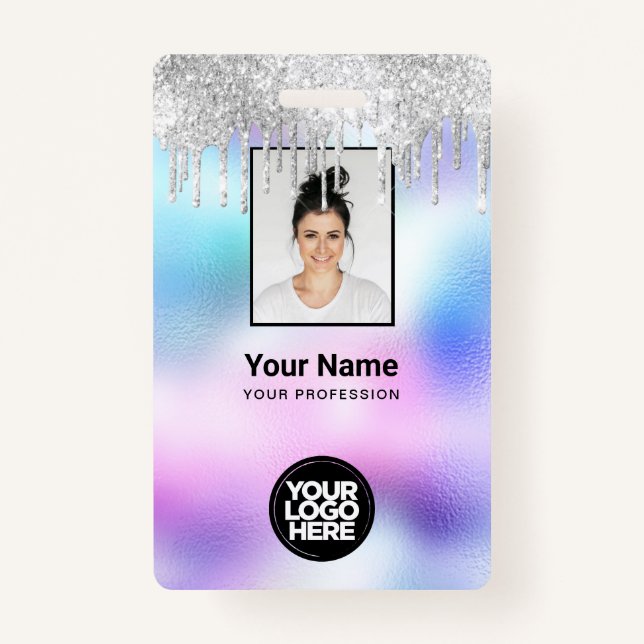 Holographic Glitter Drips Employee Photo Logo Name ID Badge (Front)