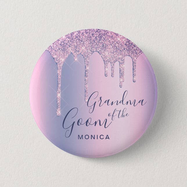 Holographic glitter drips grandma of the groom 6 cm round badge (Front)