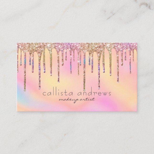 Holographic Glitter Drips Rainbow Makeup Artist Business Card (Front)
