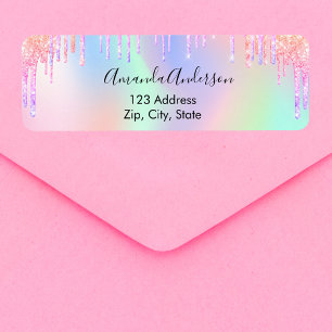 Holographic glitter drips unicorn return address label