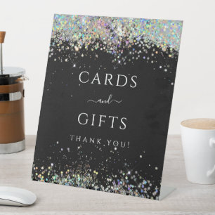 Holographic glitter dust party cards gifts black pedestal sign