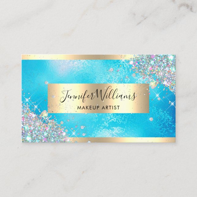Holographic Glitter Gold Foil Turquoise Business Card (Front)