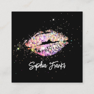 Holographic Glitter Lips Beauty Black Unique Square Business Card