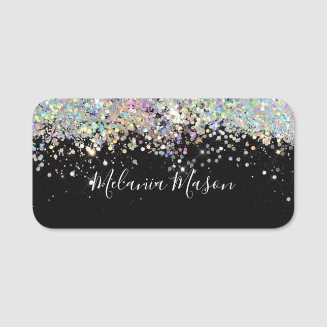 Holographic Glitter Makeup Artist Black Elegant  Name Tag (Front)