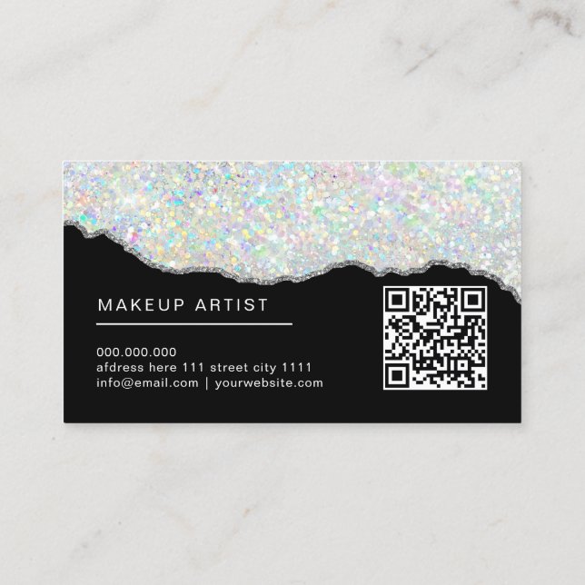 Holographic Glitter Makeup Artist Silver Black Business Card (Back)
