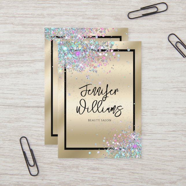 Holographic Glitter Metallic Modern Gold Beauty Business Card (Front/Back In Situ)