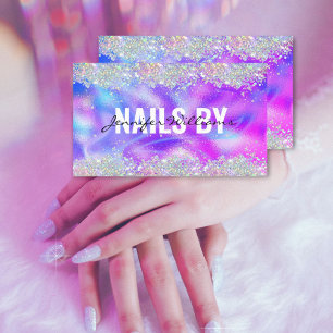 Holographic Glitter Nails Technician Salon Purple Business Card
